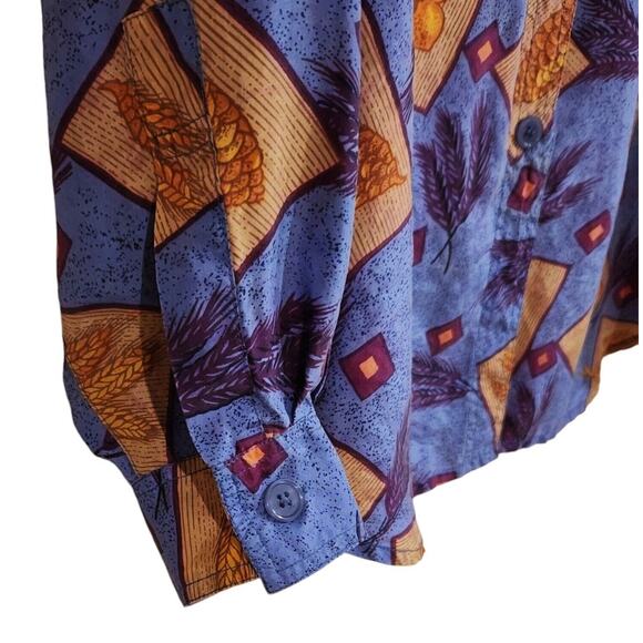 SK & Co Blouse Silk Print Size Large Long Sleeve Collared Button Down Shirt Blue - Picture 4 of 11
